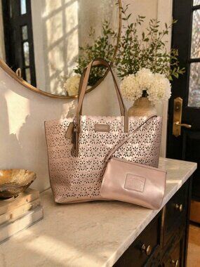 Coach Perforated Floral Tote Bag Pink Blush Leather Shopper + Wristlet Pouch Set
